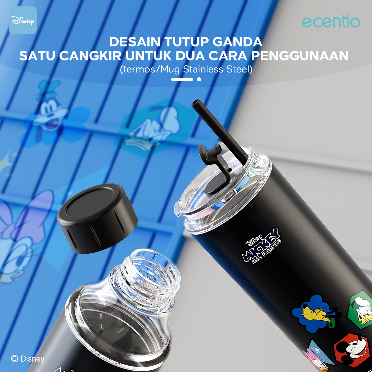 【Original】ecentio 600ml 304 Stainless Steel botol minum Tutup Ganda Disney Micky hitam