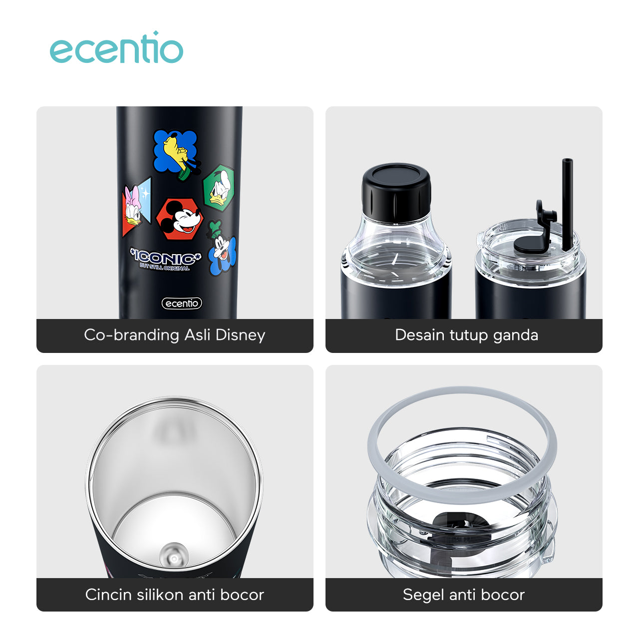 【Original】ecentio 600ml 304 Stainless Steel botol minum Tutup Ganda Disney Micky hitam