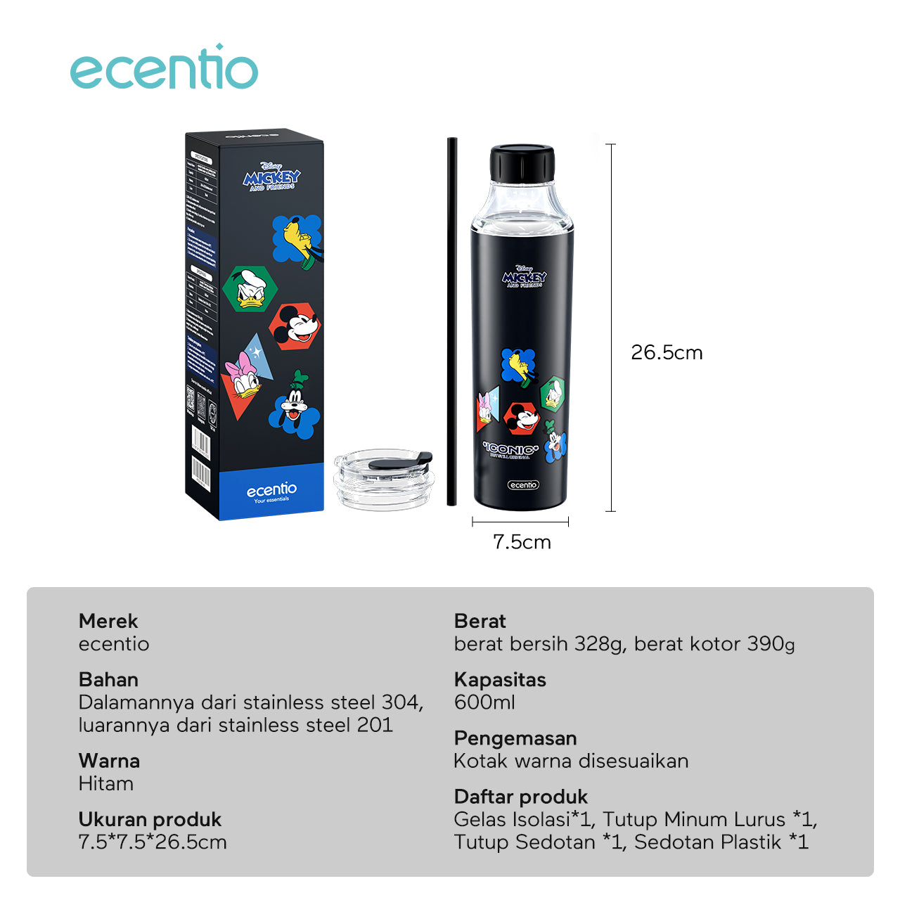 【Original】ecentio 600ml 304 Stainless Steel botol minum Tutup Ganda Disney Micky hitam
