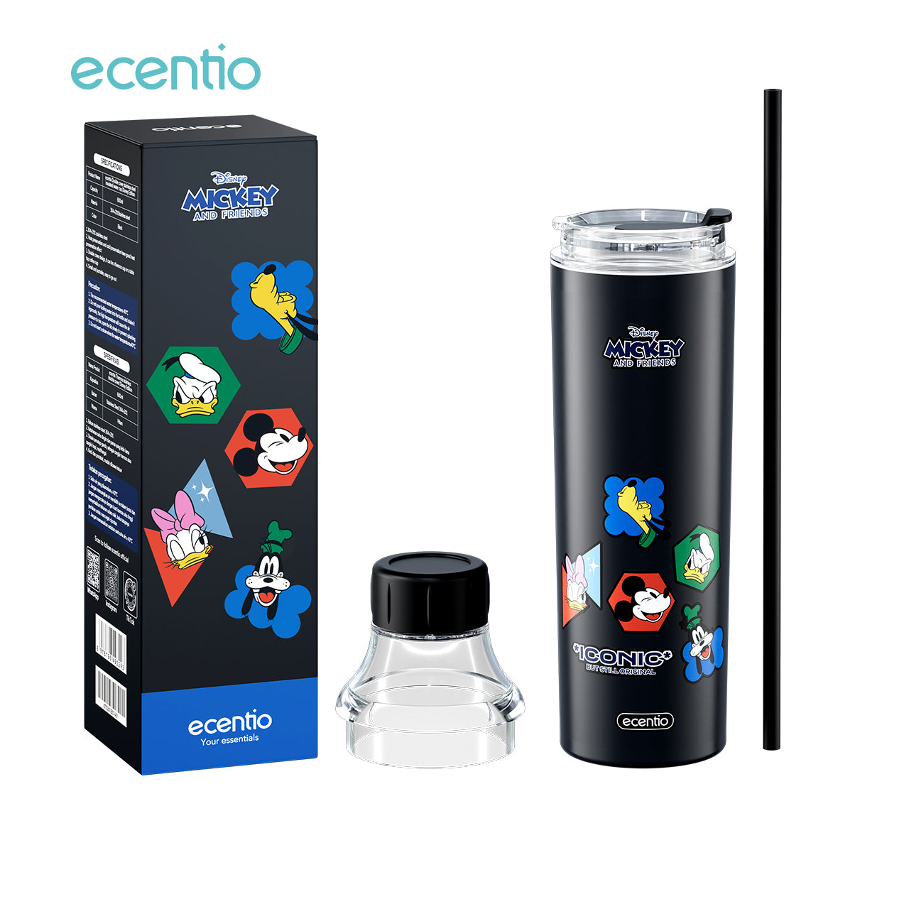 【Original】ecentio 600ml 304 Stainless Steel botol minum Tutup Ganda Disney Micky hitam
