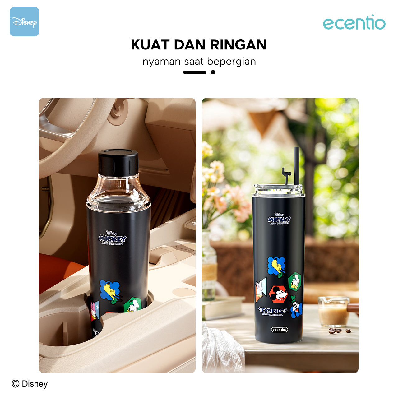 【Original】ecentio 600ml 304 Stainless Steel botol minum Tutup Ganda Disney Micky hitam