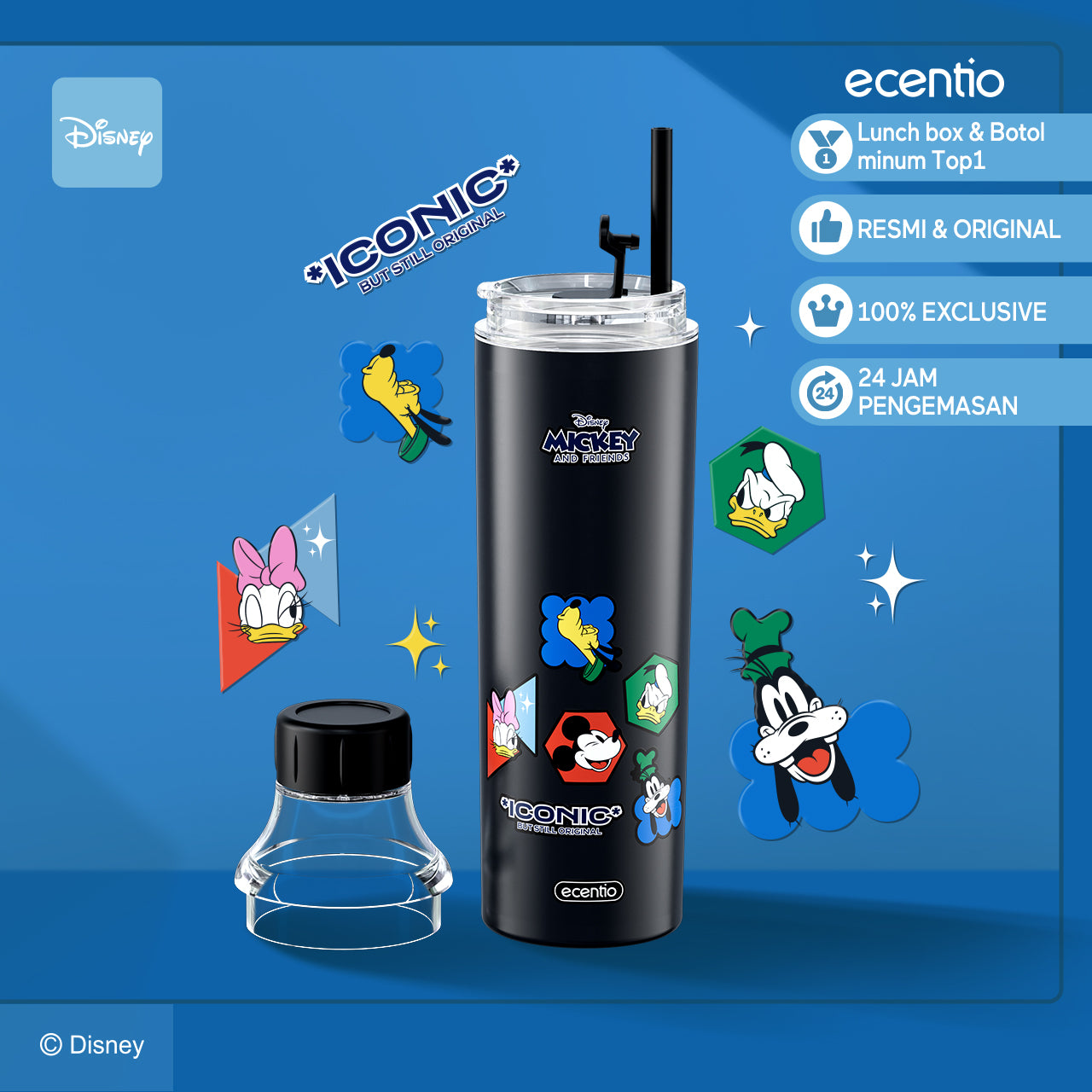 【Original】ecentio 600ml 304 Stainless Steel botol minum Tutup Ganda Disney Micky hitam