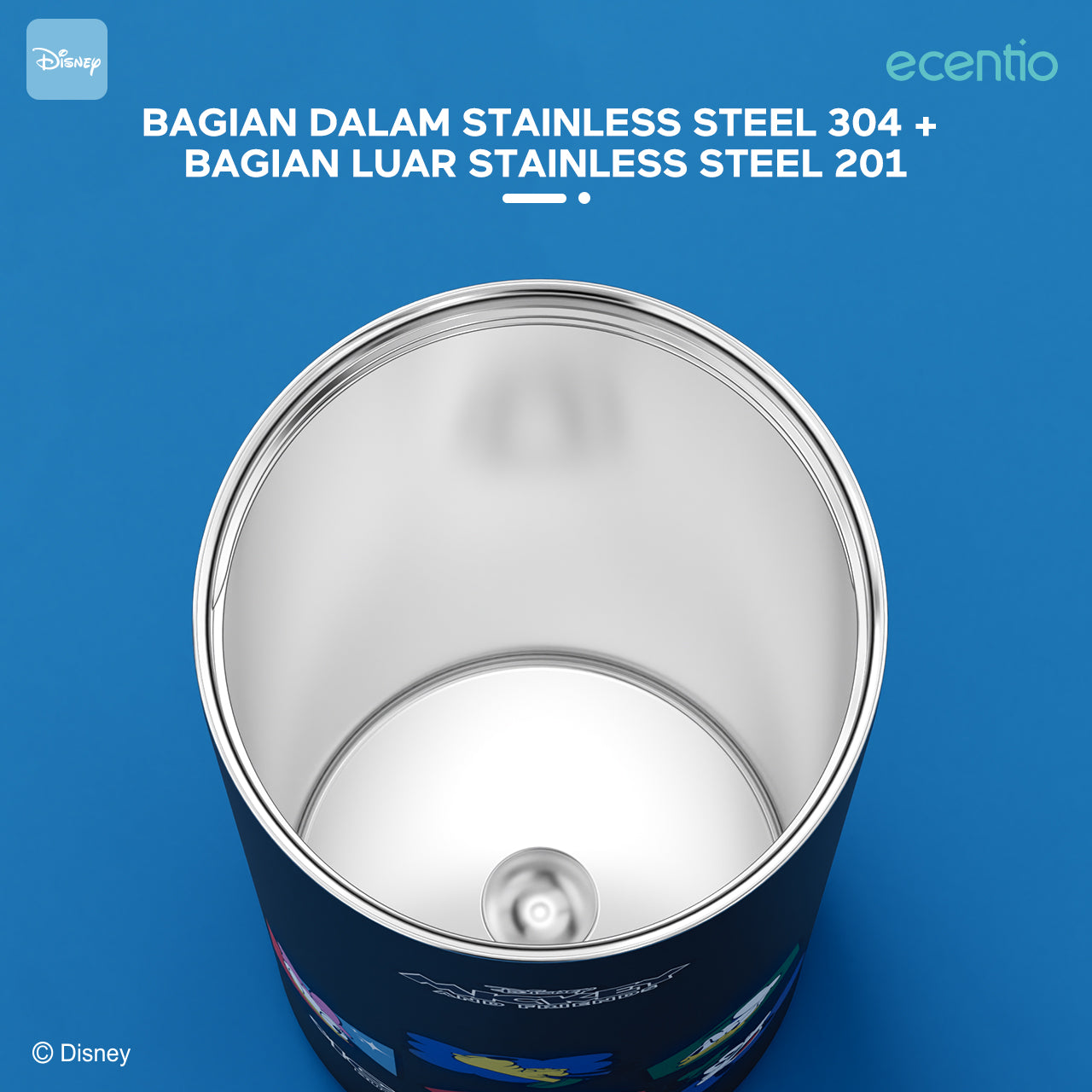【Original】ecentio 600ml 304 Stainless Steel botol minum Tutup Ganda Disney Micky hitam