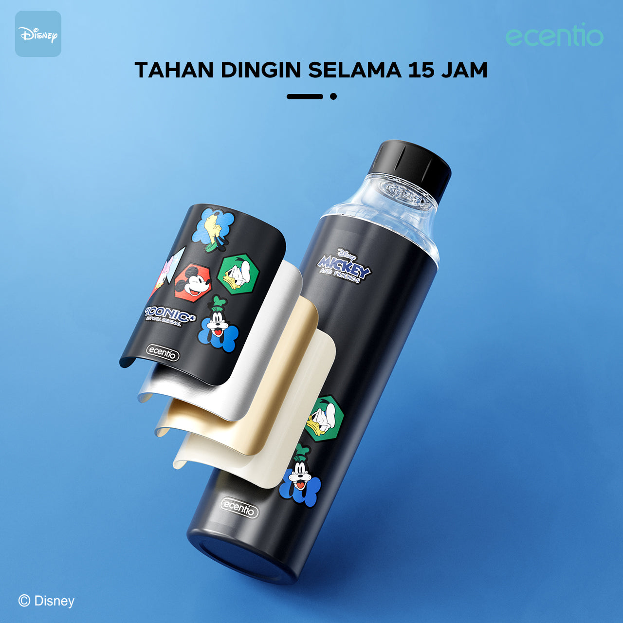 【Original】ecentio 600ml 304 Stainless Steel botol minum Tutup Ganda Disney Micky hitam