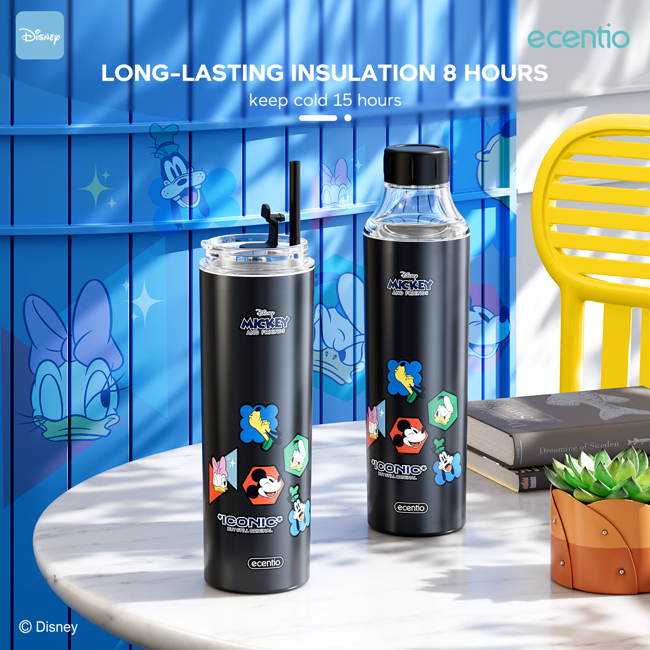 【Original】ecentio 600ml 304 Stainless Steel botol minum Tutup Ganda Disney Micky hitam