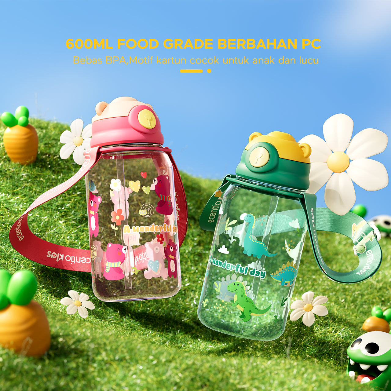 ecentio Botol sedotan minum anak beruang lucu 650ml