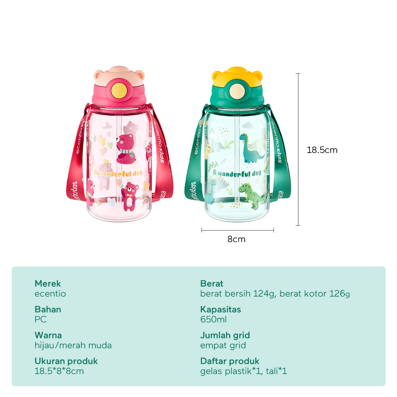 ecentio Botol sedotan minum anak beruang lucu 650ml