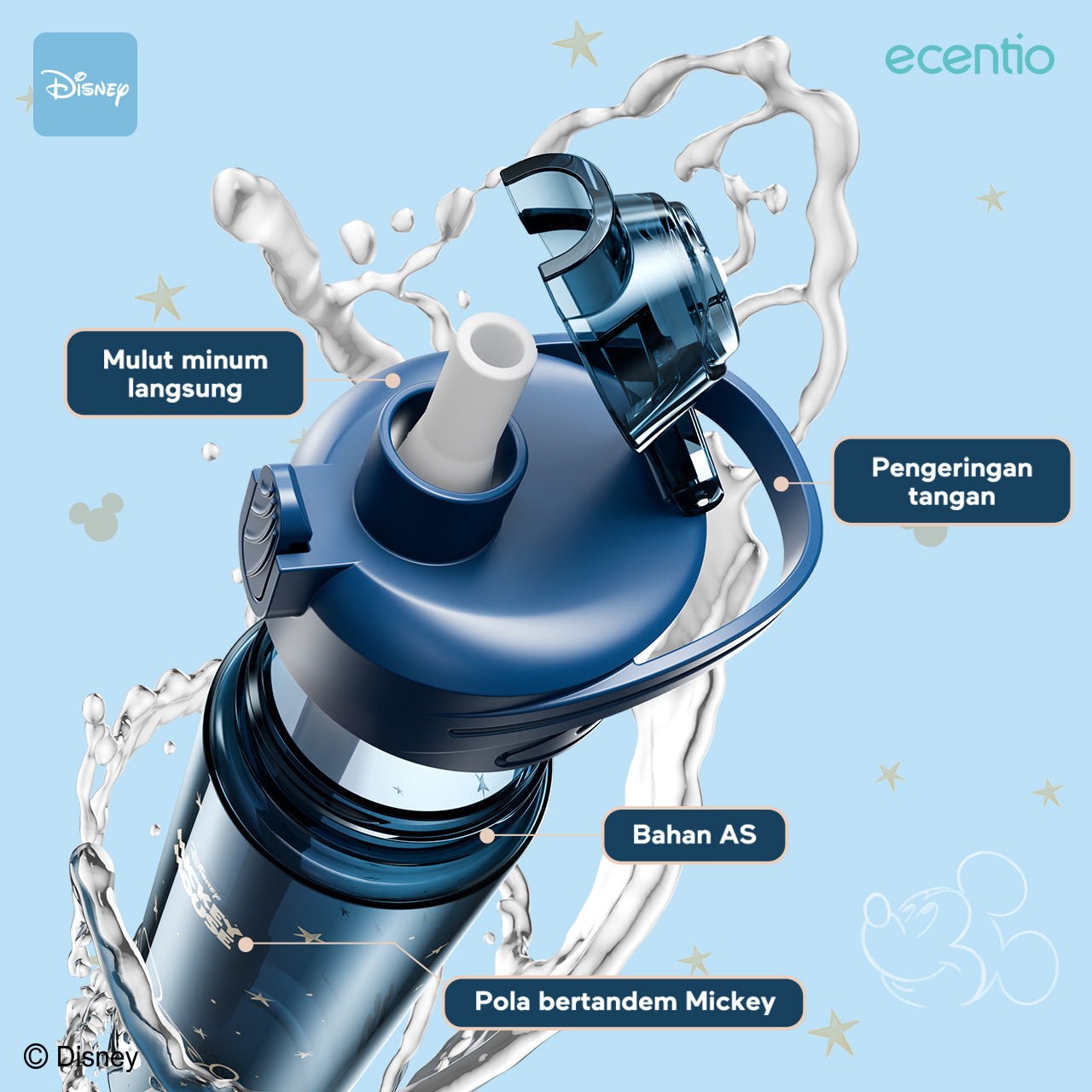【Dengan sedotan】ecentio Botol air portabel Disney Mickey 1000 ml dengan sedotan 1 liter