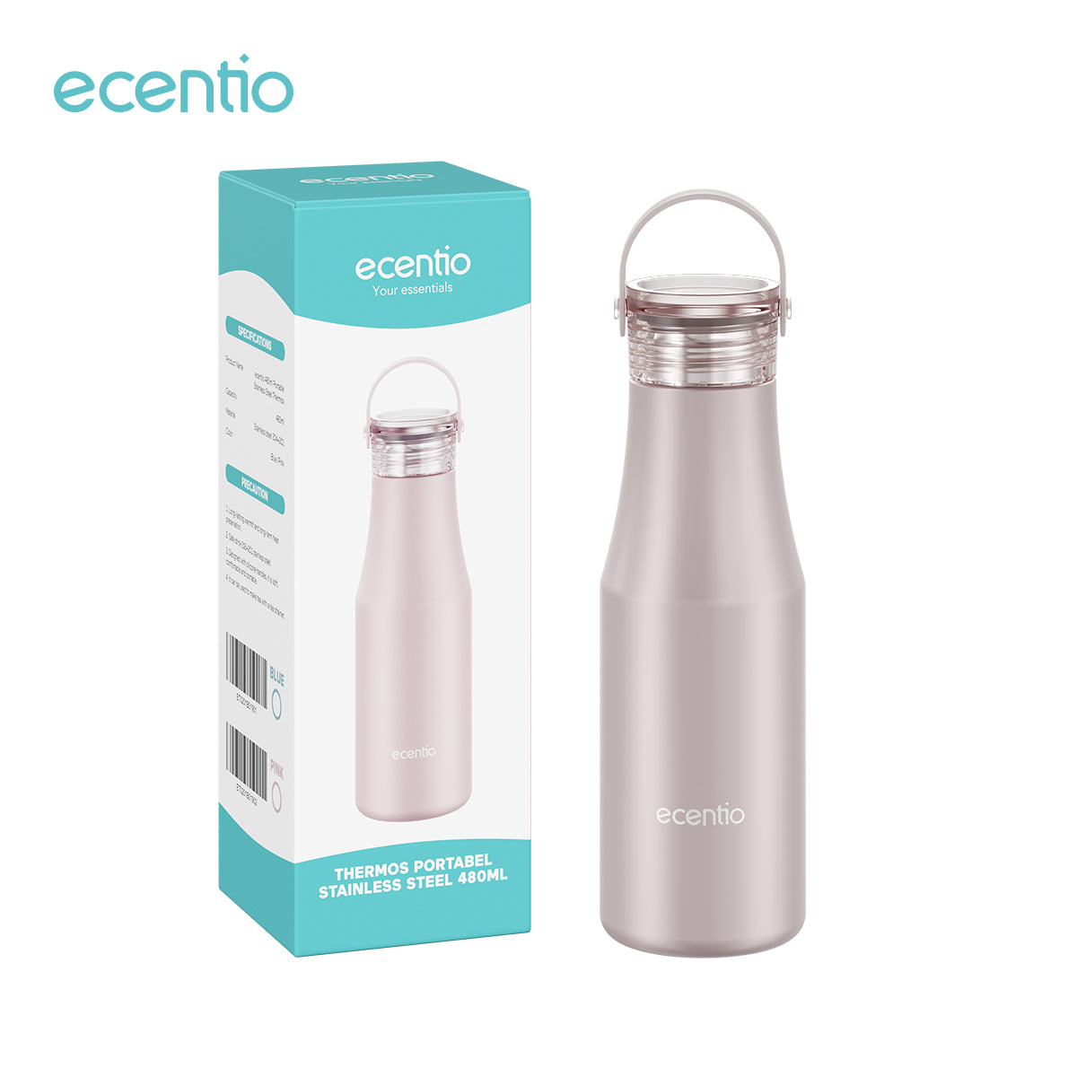 Pemesanan Awal!🌟ecentio tumbler portabel berisolasi stainless tahan karat 480ml berwarna Biru / Pink - ecentio