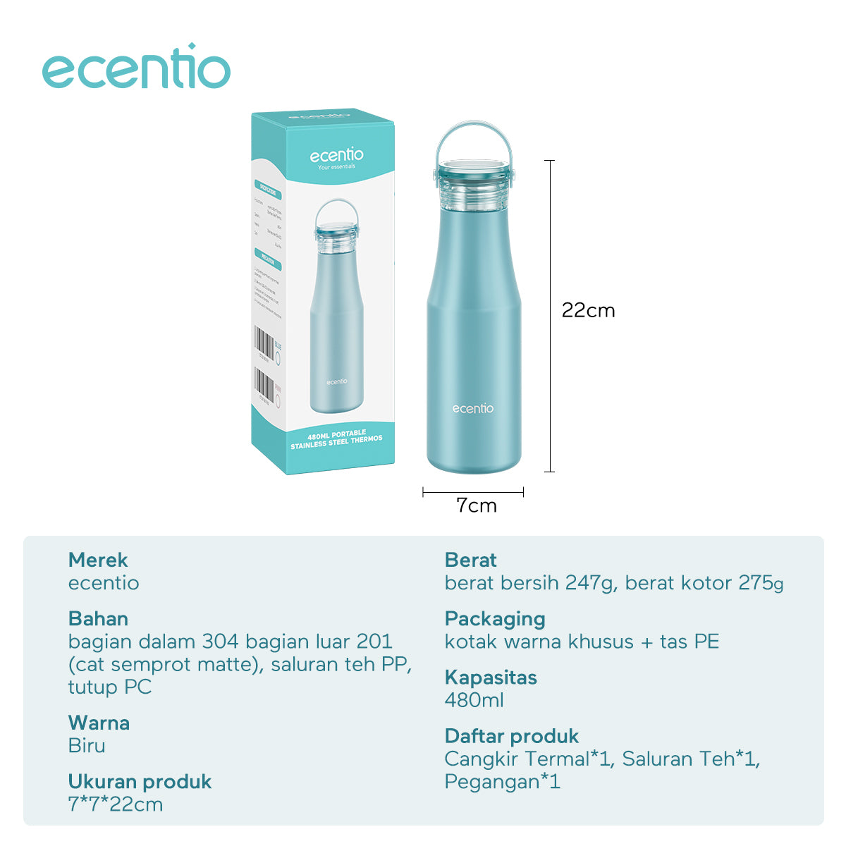 Pemesanan Awal!🌟ecentio tumbler portabel berisolasi stainless tahan karat 480ml berwarna Biru / Pink - ecentio