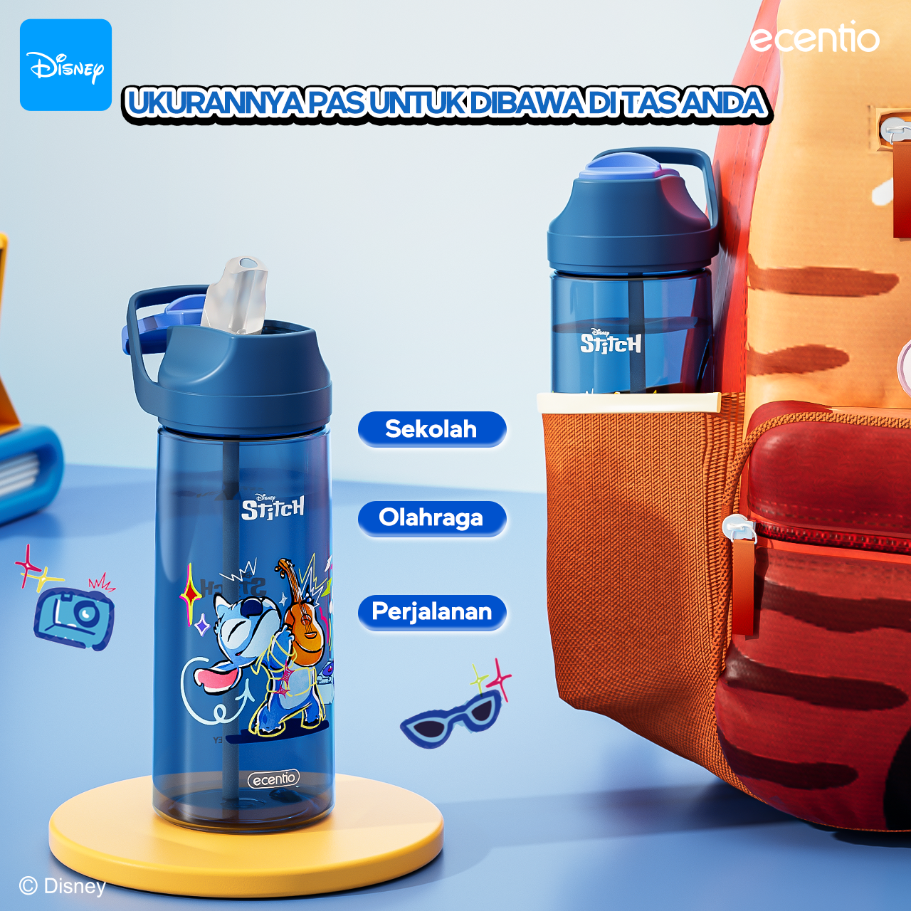 ecentio botol minum anak 500ml Disney Stitch lucu aesthetic perempuan botol air sekolah BPA free