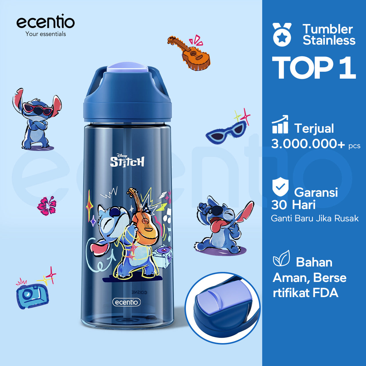 ecentio botol minum anak 500ml Disney Stitch lucu aesthetic perempuan botol air sekolah BPA free