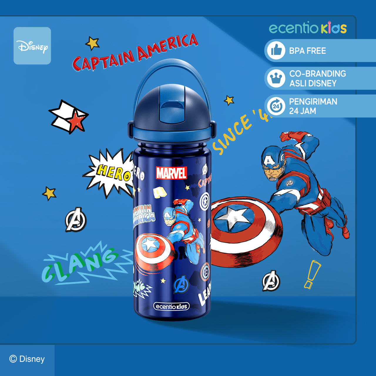【Orignal】ecentiokids tempat makan anak Disney Elsa Marvel Captain America lucu sekolah BPA free bayi anti tumpah lunch box+botol minum anak set