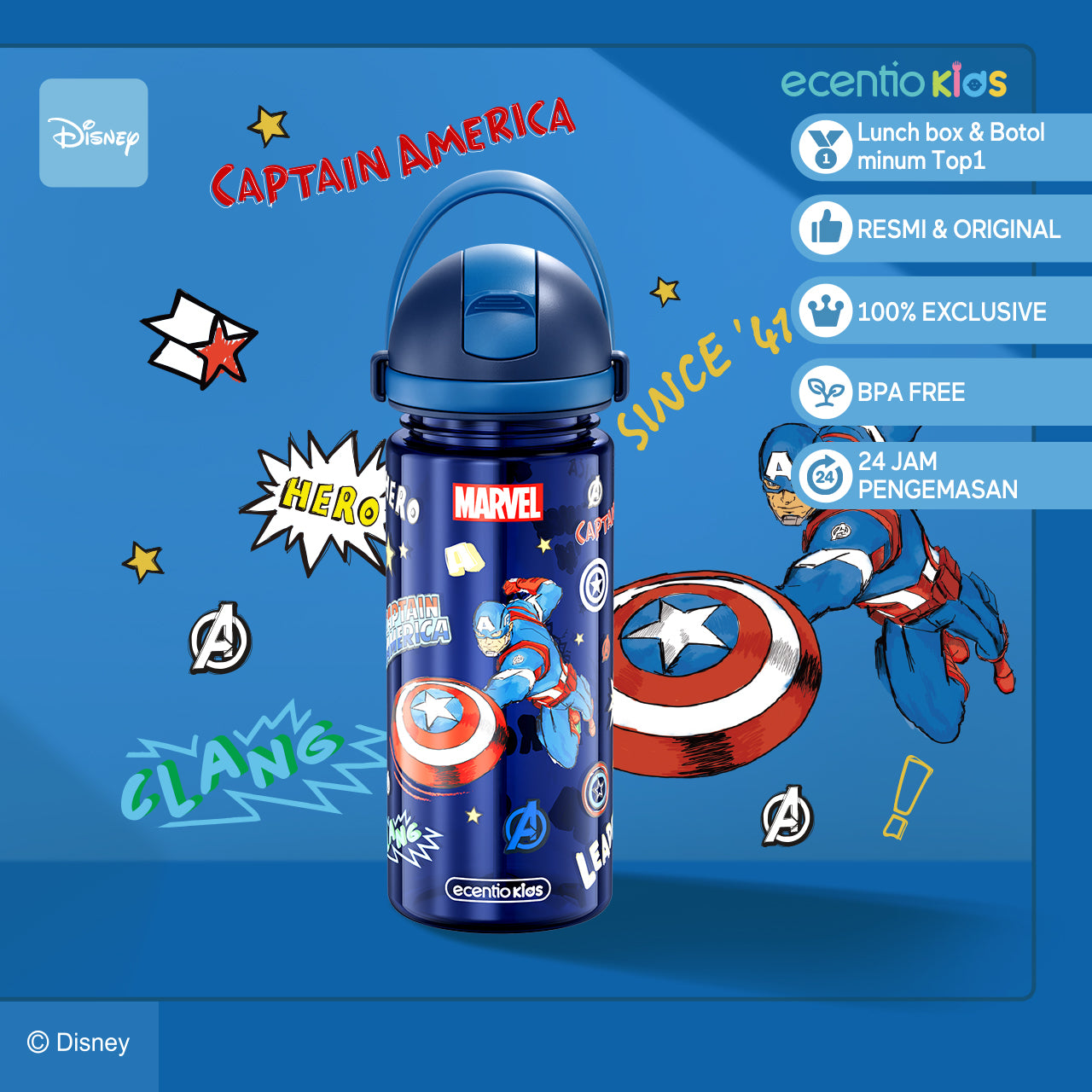 ecentiokids 550ml botol anak BPA FREE dengan Sedotan Tahan Panas hingga 90℃ Seri Disney
