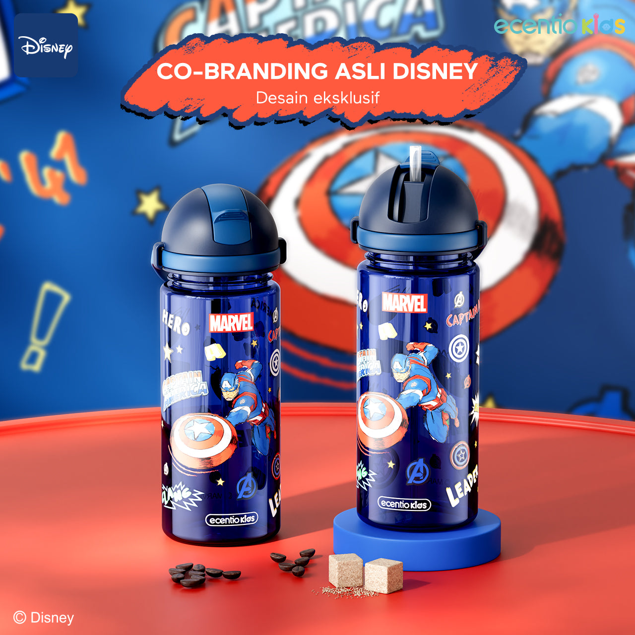 ecentiokids 550ml botol anak BPA FREE dengan Sedotan Tahan Panas hingga 90℃ Seri Disney