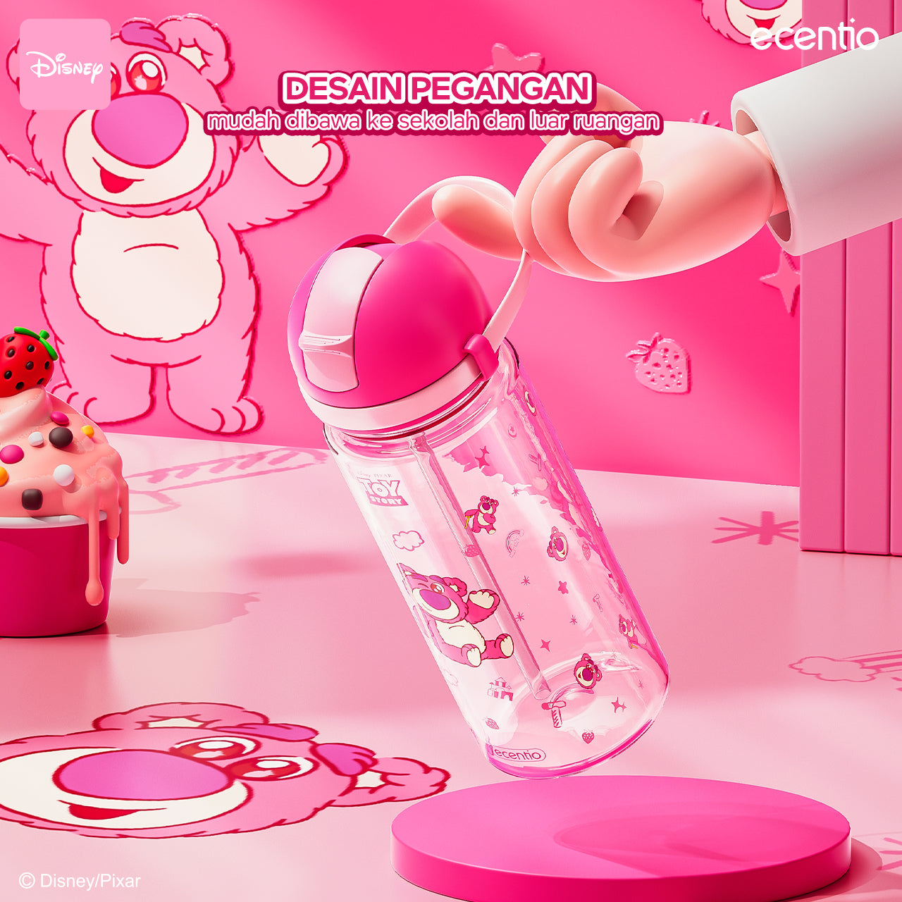 【NEW】ecentiokids 550ml botol anak BPA Free Disney Lotso dengan Sedotan Tahan Panas hingga 90℃