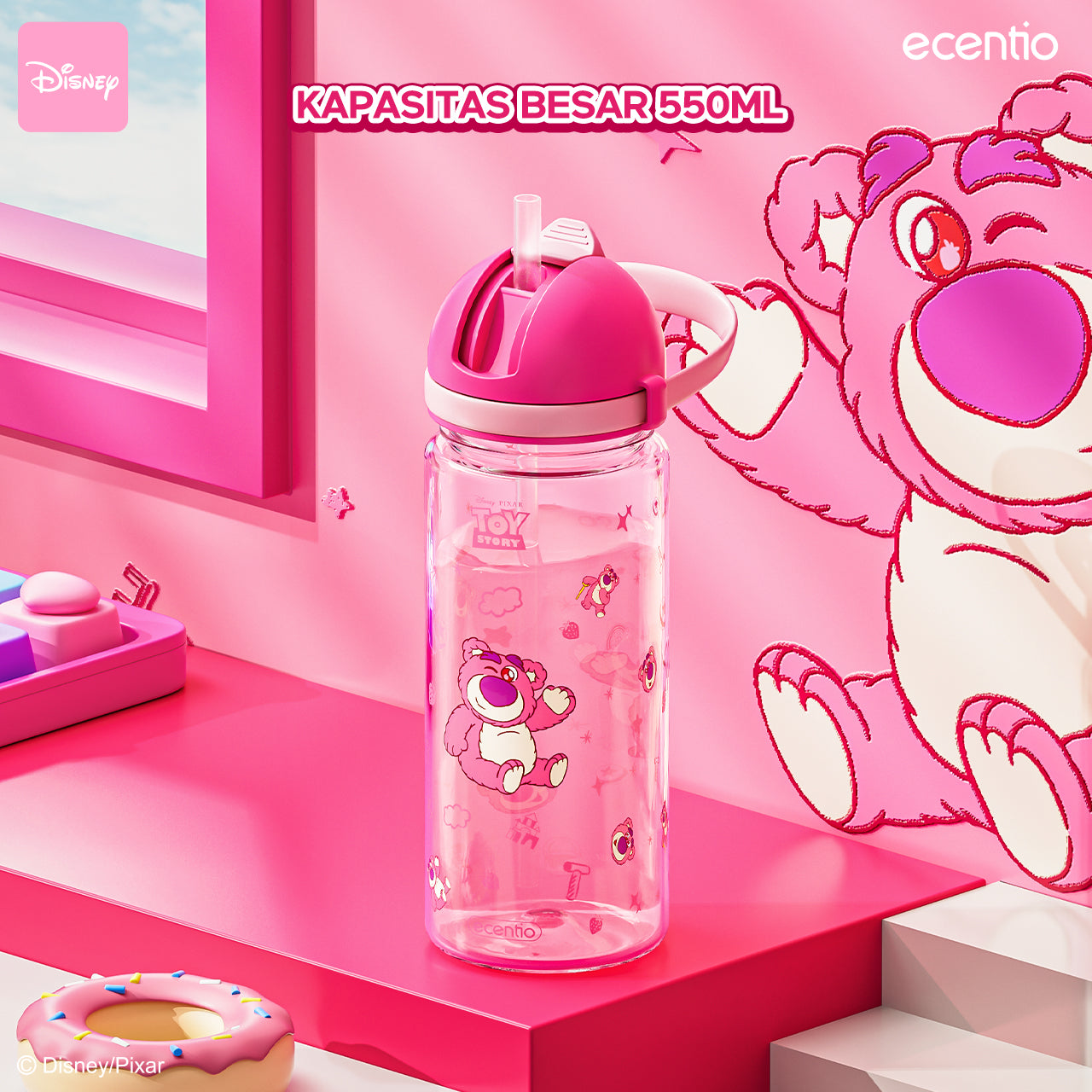 【NEW】ecentiokids 550ml botol anak BPA Free Disney Lotso dengan Sedotan Tahan Panas hingga 90℃