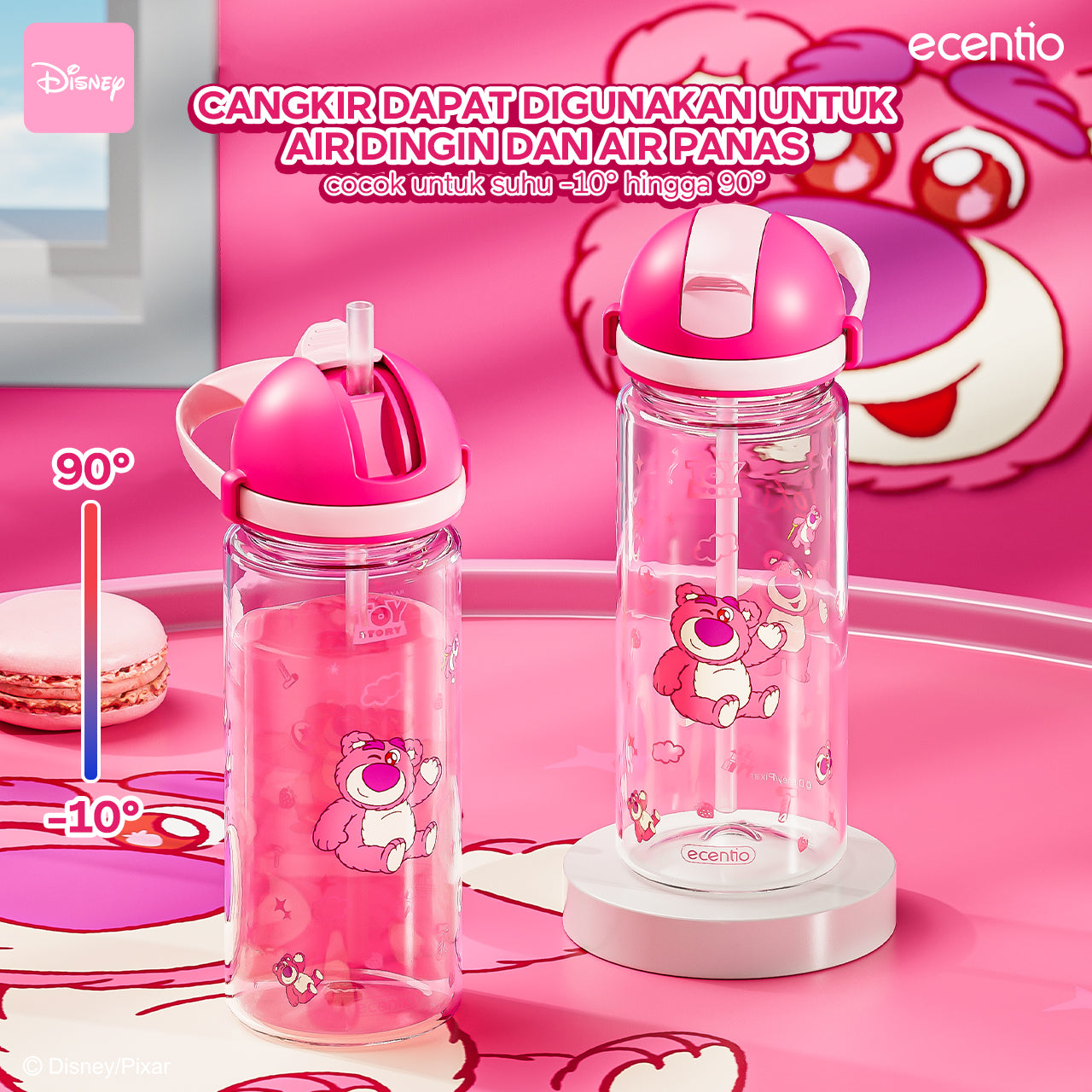 【NEW】ecentiokids 550ml botol anak BPA Free Disney Lotso dengan Sedotan Tahan Panas hingga 90℃