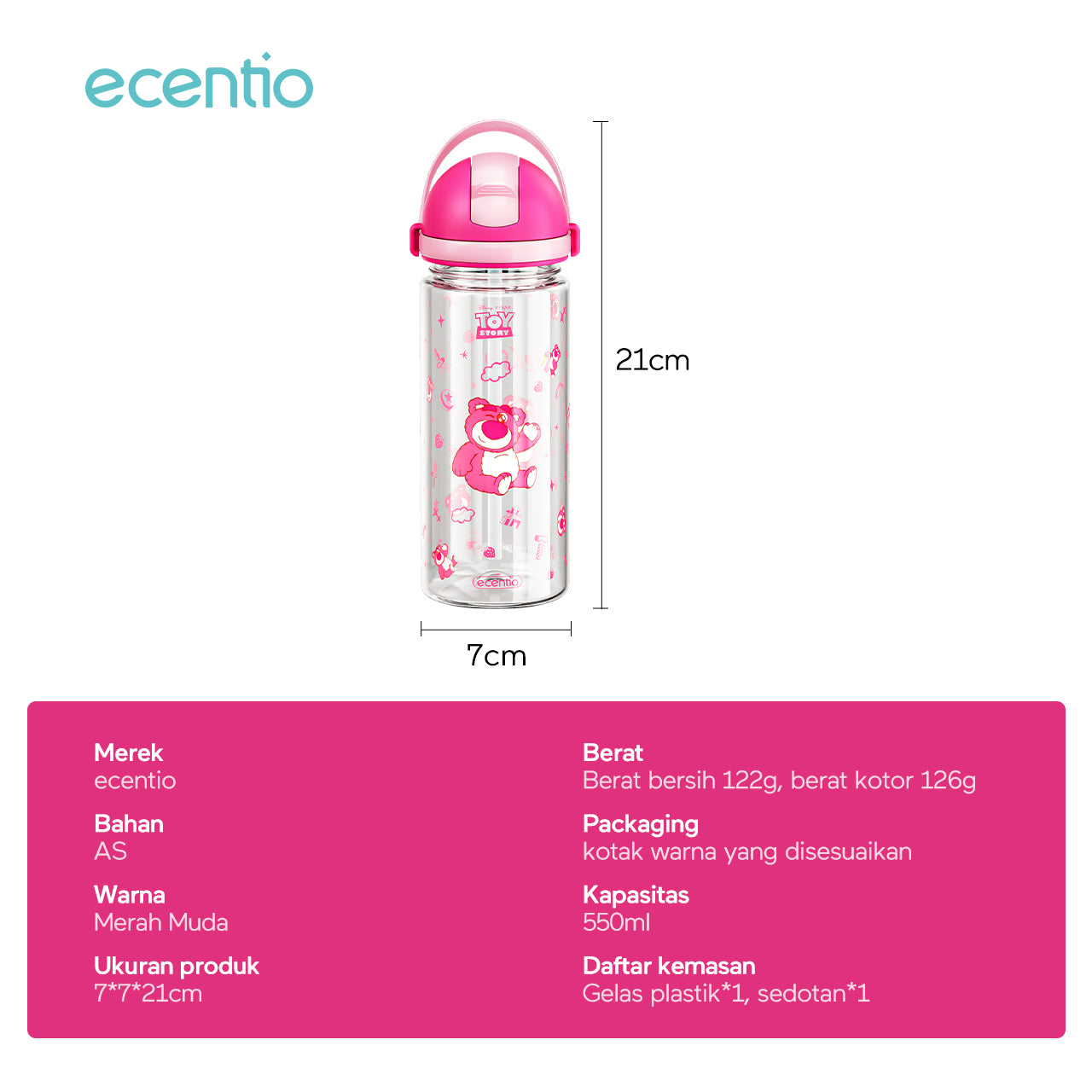 【NEW】ecentiokids 550ml botol anak BPA Free Disney Lotso dengan Sedotan Tahan Panas hingga 90℃
