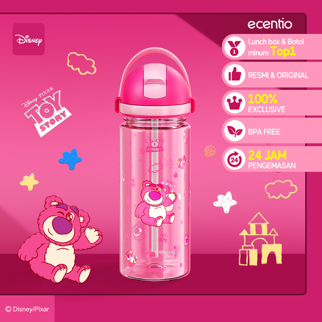【NEW】ecentiokids 550ml botol anak BPA Free Disney Lotso dengan Sedotan Tahan Panas hingga 90℃