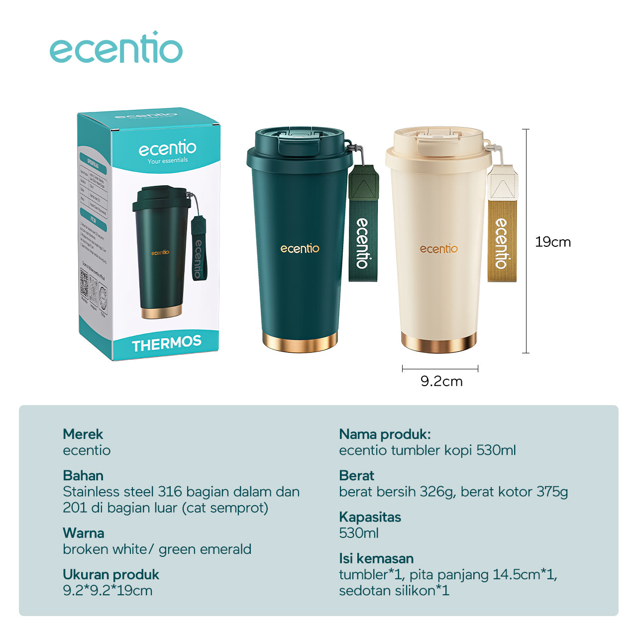 ecentio Tumbler Premium Stainless Steel 316 | Tahan Dingin 24 Jam, 530ml dengan Sedotan Portable
