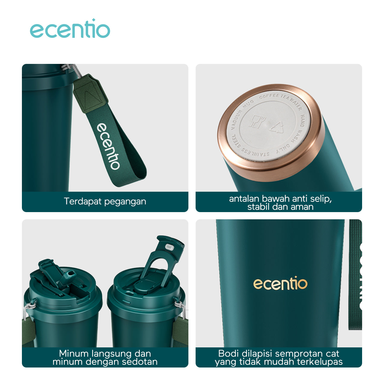 ecentio Tumbler Premium Stainless Steel 316 | Tahan Dingin 24 Jam, 530ml dengan Sedotan Portable
