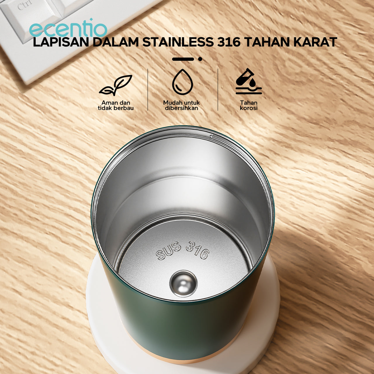 ecentio Tumbler Premium Stainless Steel 316 | Tahan Dingin 24 Jam, 530ml dengan Sedotan Portable