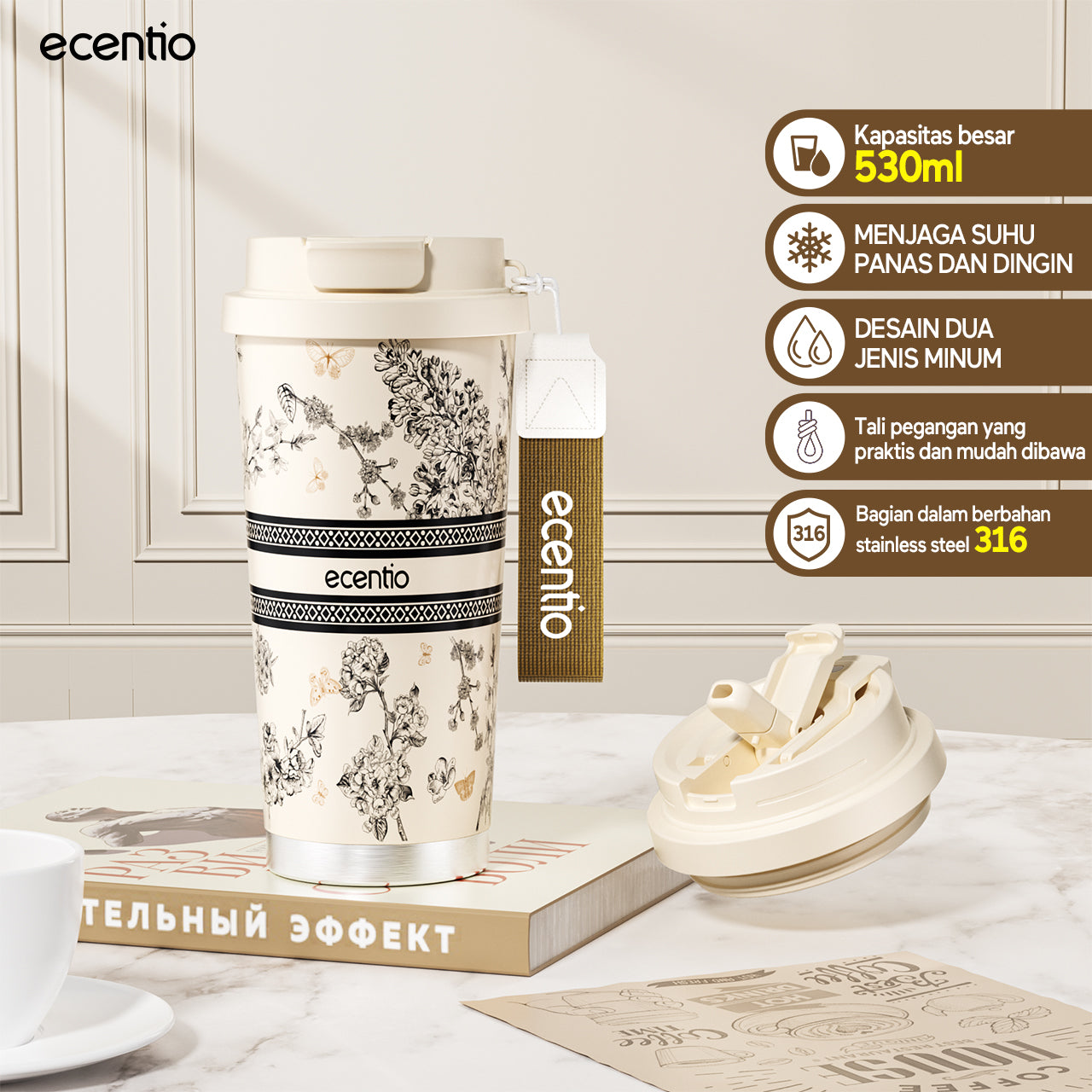 【🌟Pre-Order】【gelas kopi tahan panas】ecentio tumbler minum premium 530 ml stainless 316 portabel tahan panas 11 jam dan tahan dingin 25 jam tiga cara minum