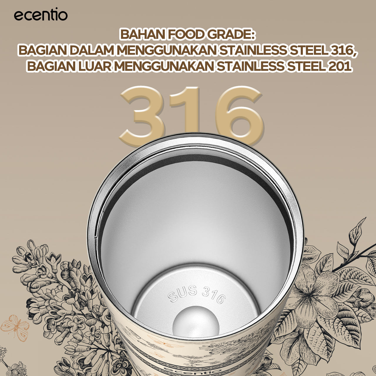 【🌟Pre-Order】【gelas kopi tahan panas】ecentio tumbler minum premium 530 ml stainless 316 portabel tahan panas 11 jam dan tahan dingin 25 jam tiga cara minum