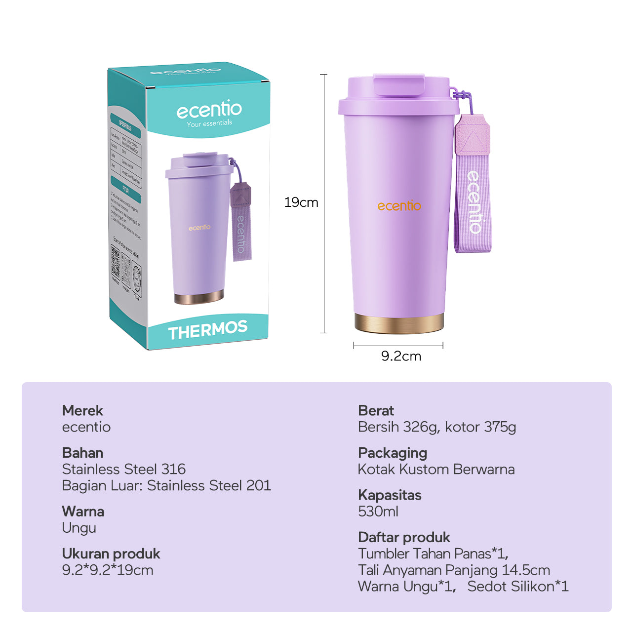 【Fashion Rainbow Tumbler】ecentio tumbler minum premium tahan dingin 24 jam botol stainless 316 portable tumblr 530ml