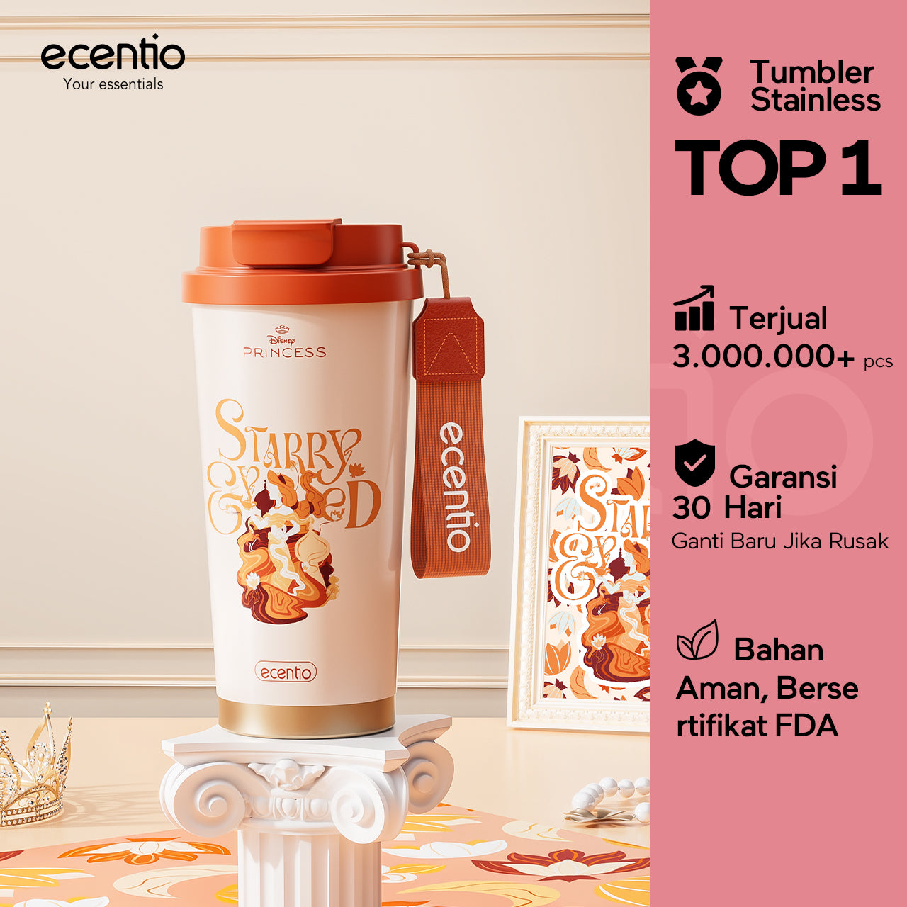 【Disney Mermaid Series】ecentio tumbler Stainless Vacuum 530ml Disney Mermaid Portable Thermos Botol minum besar