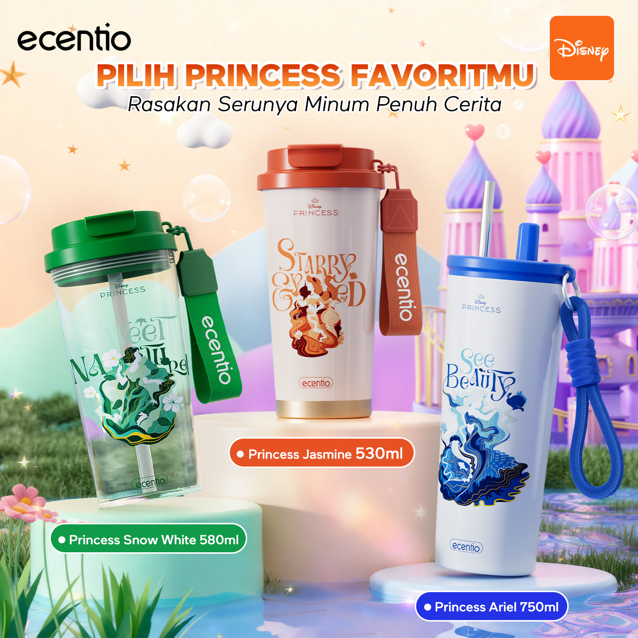 【Disney Mermaid Series】ecentio tumbler Stainless Vacuum 530ml Disney Mermaid Portable Thermos Botol minum besar