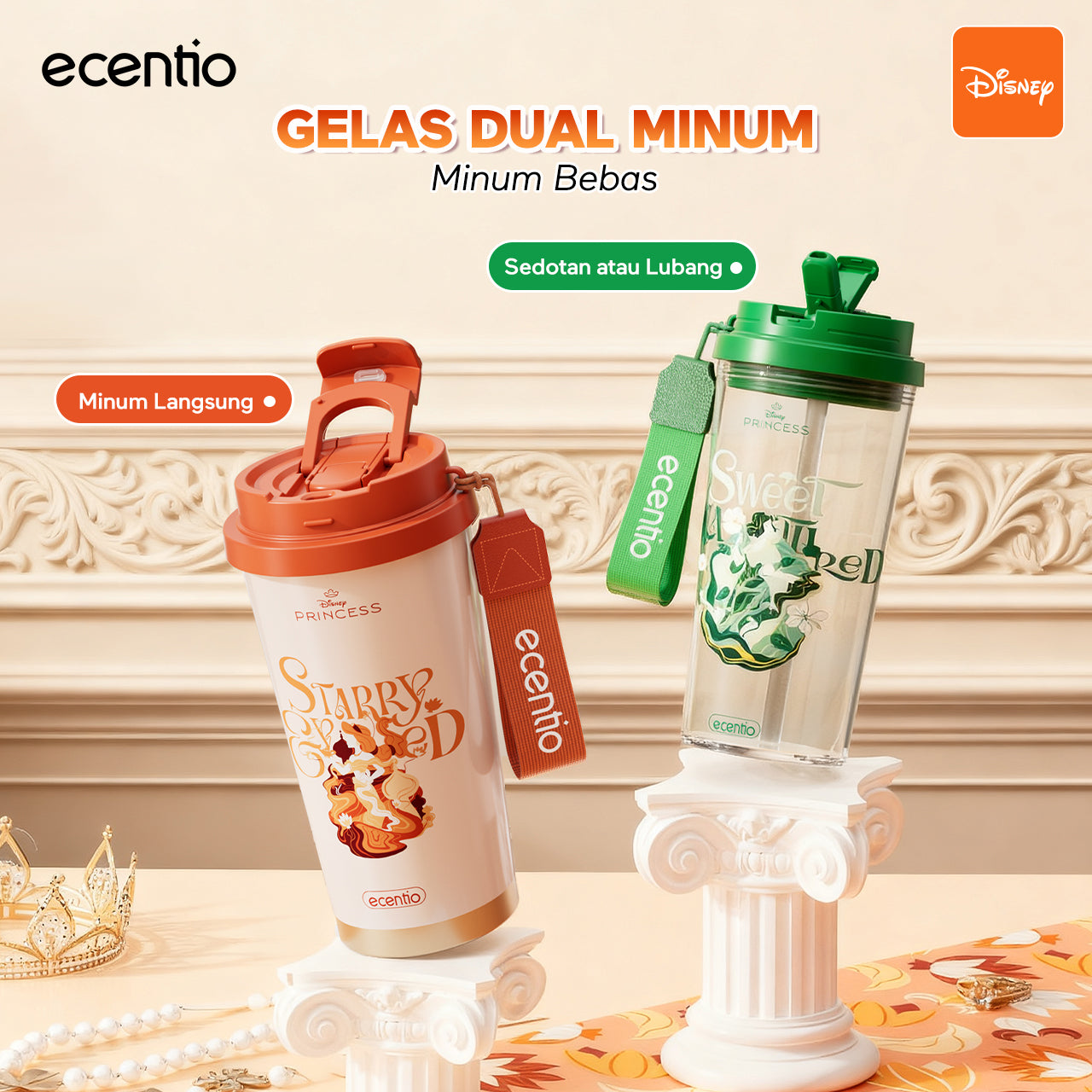 【Disney Mermaid Series】ecentio tumbler Stainless Vacuum 530ml Disney Mermaid Portable Thermos Botol minum besar