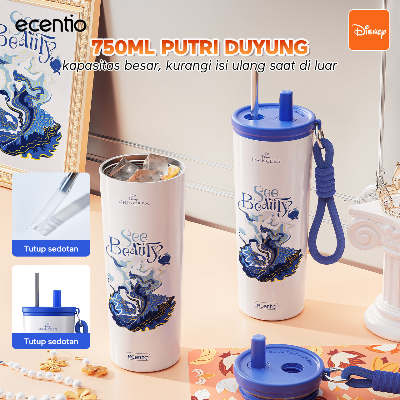 【Disney Mermaid Series】ecentio tumbler Stainless Vacuum 530ml Disney Mermaid Portable Thermos Botol minum besar