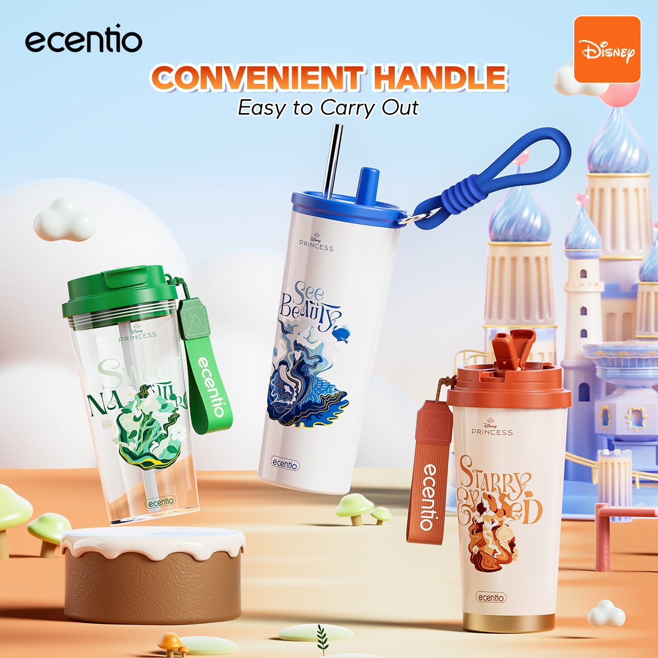 【Disney Mermaid Series】ecentio tumbler Stainless Vacuum 530ml Disney Mermaid Portable Thermos Botol minum besar