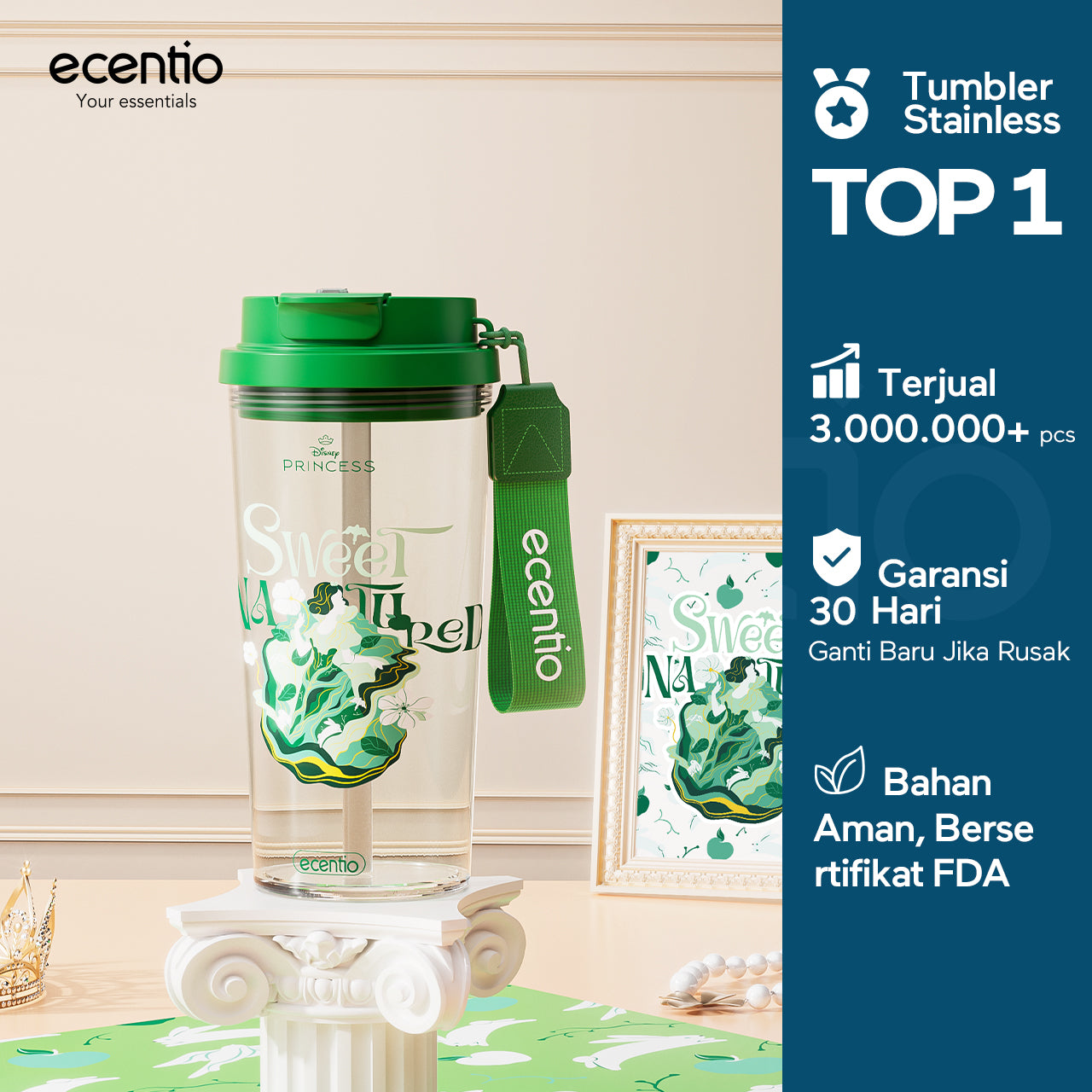 【Disney Mermaid Series】ecentio tumbler Stainless Vacuum 530ml Disney Mermaid Portable Thermos Botol minum besar