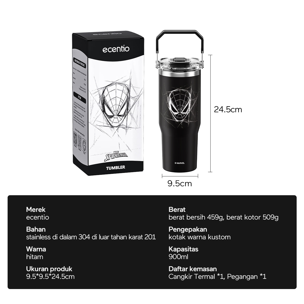 【Disney】ecentio Disney Spider-Man botol minum 900ml Portable Tumbler Botol