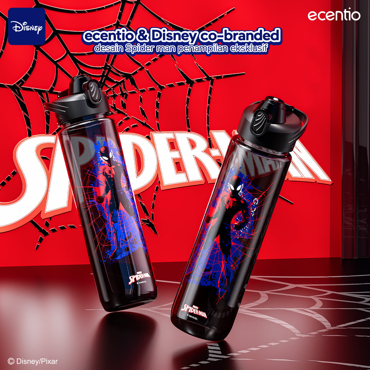【disney】ecentio 1000ml Spiderman plastic botol minum anak portabel hitam disney series tumbler minum aesthetic anti bocor Sedotan BPA free pegangan