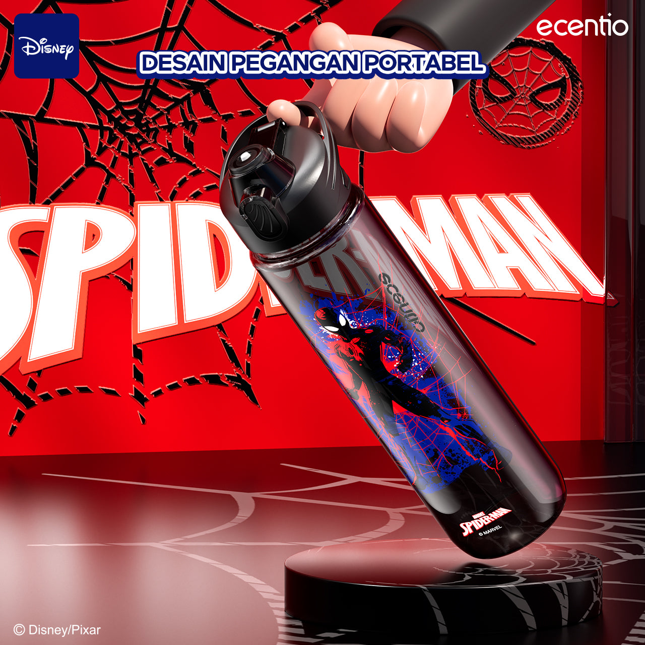 【disney】ecentio 1000ml Spiderman plastic botol minum anak portabel hitam disney series tumbler minum aesthetic anti bocor Sedotan BPA free pegangan