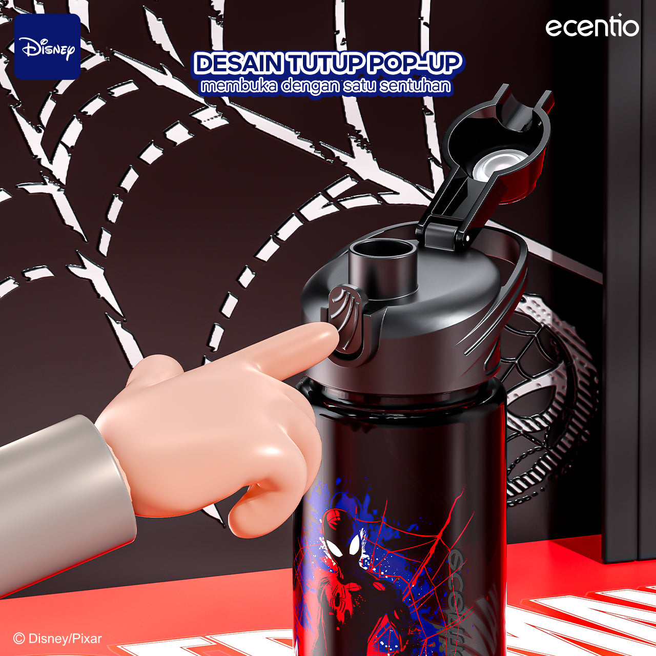 【disney】ecentio 1000ml Spiderman plastic botol minum anak portabel hitam disney series tumbler minum aesthetic anti bocor Sedotan BPA free pegangan
