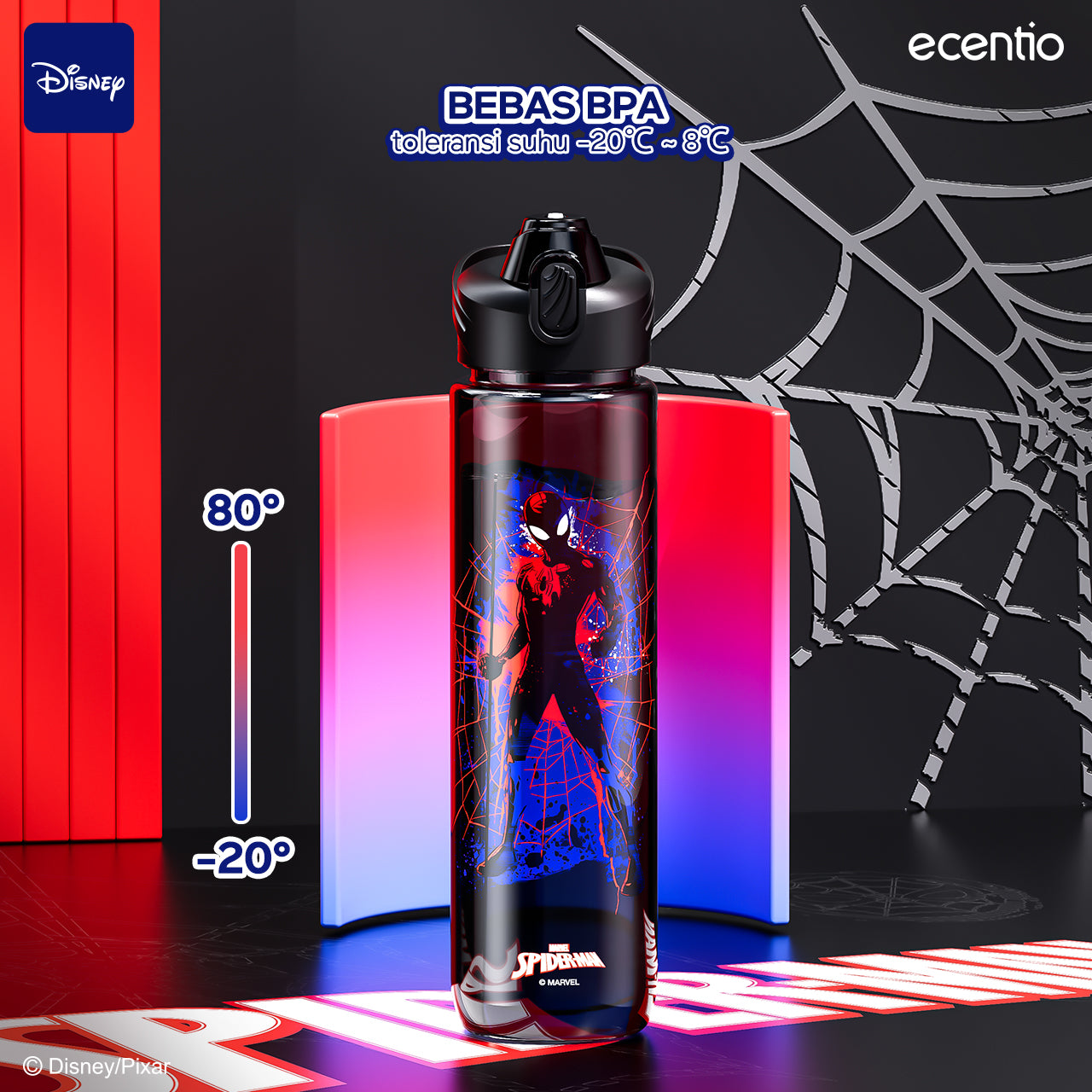 【disney】ecentio 1000ml Spiderman plastic botol minum anak portabel hitam disney series tumbler minum aesthetic anti bocor Sedotan BPA free pegangan