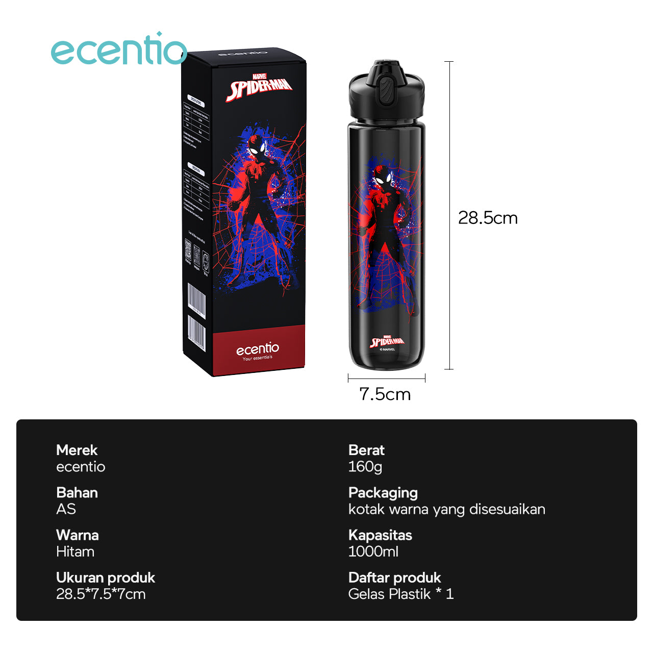 【disney】ecentio 1000ml Spiderman plastic botol minum anak portabel hitam disney series tumbler minum aesthetic anti bocor Sedotan BPA free pegangan