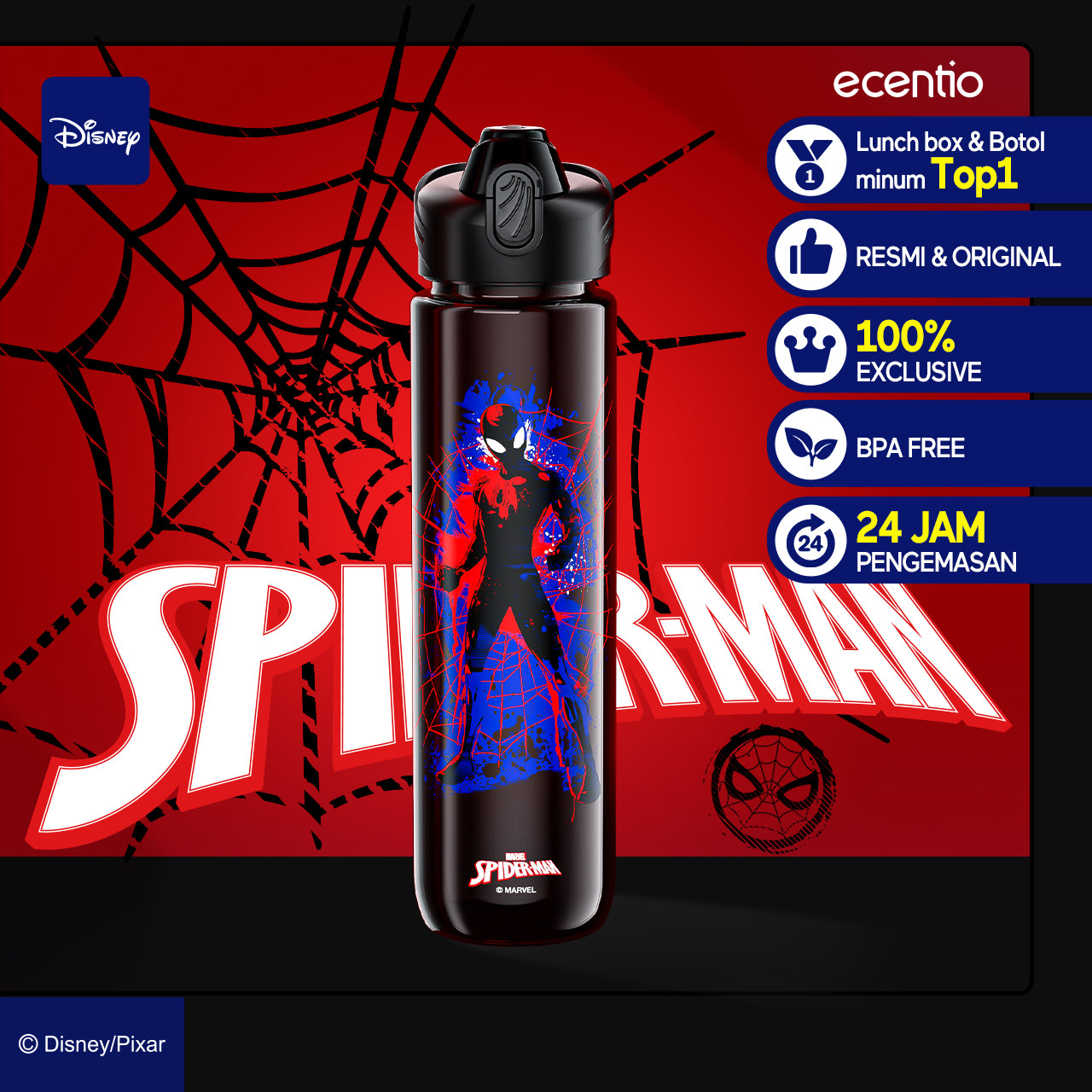 【disney】ecentio 1000ml Spiderman plastic botol minum anak portabel hitam disney series tumbler minum aesthetic anti bocor Sedotan BPA free pegangan