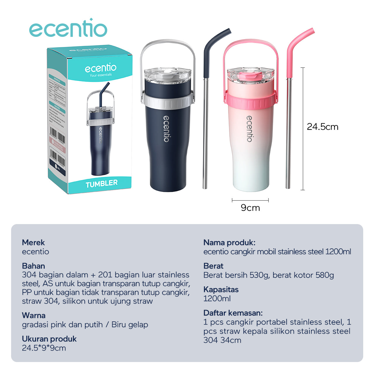 【BIG MAC】ecentio tumbler stainless steel 304 1200ml tahan dingin 23 jam dengan straw portable