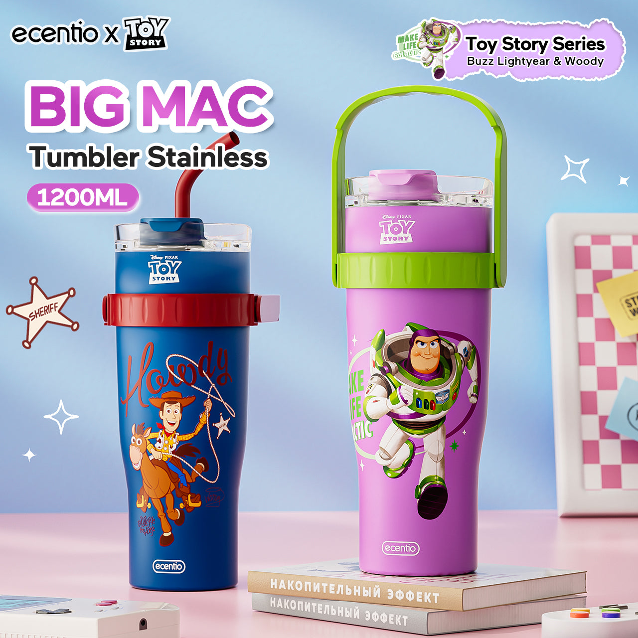 BIG MAC✨ ecentio Tumbler Minum Stainless 1.2L — Disney Toy Story Woody & Buzz | Botol Minum Besar Aesthetic Tahan Dingin 24 Jam