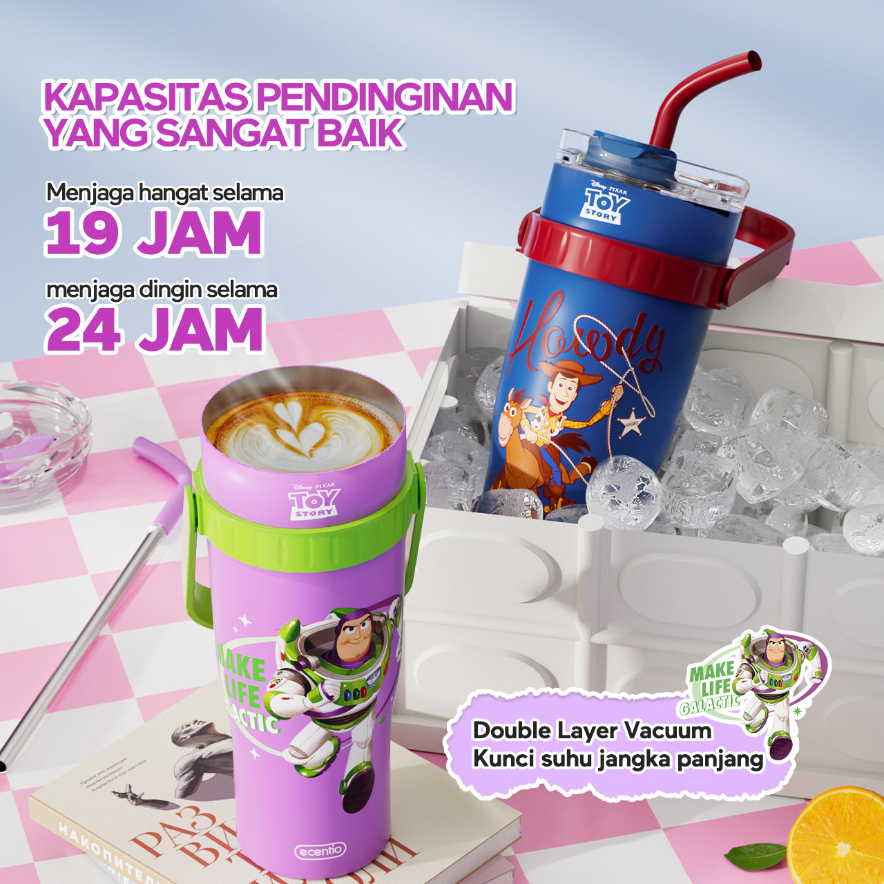BIG MAC✨ ecentio Tumbler Minum Stainless 1.2L — Disney Toy Story Woody & Buzz | Botol Minum Besar Aesthetic Tahan Dingin 24 Jam