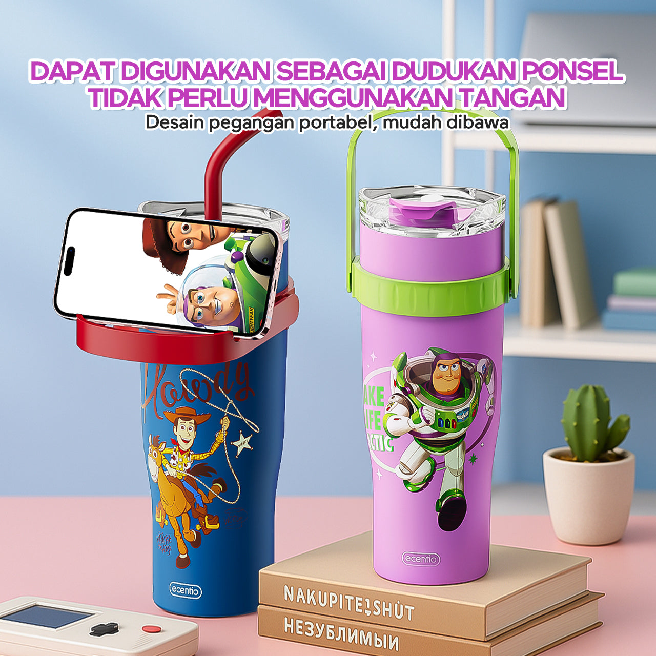 BIG MAC✨ ecentio Tumbler Minum Stainless 1.2L — Disney Toy Story Woody & Buzz | Botol Minum Besar Aesthetic Tahan Dingin 24 Jam