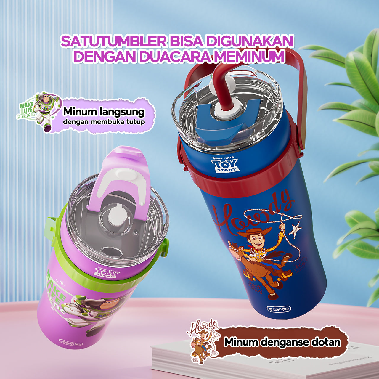 BIG MAC✨ ecentio Tumbler Minum Stainless 1.2L — Disney Toy Story Woody & Buzz | Botol Minum Besar Aesthetic Tahan Dingin 24 Jam
