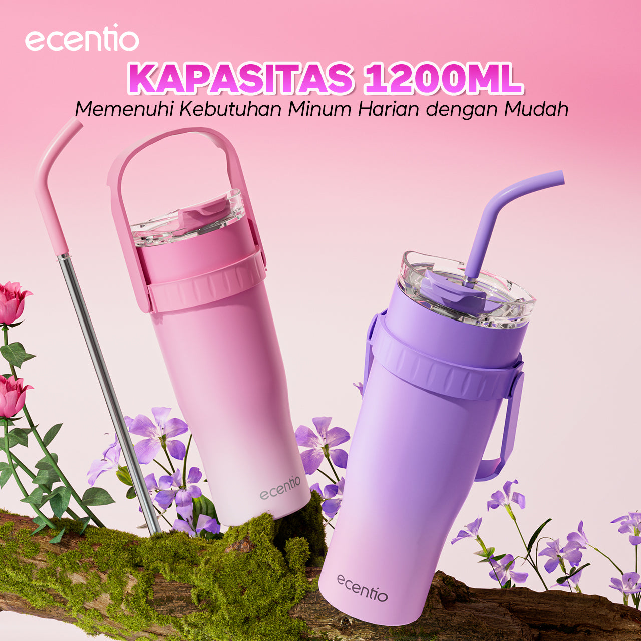 【Gradasi Warna Macaron】ecentio Tumbler Stainless Steel 1200ml Botol Minum Tahan Panas Dan Dingin Botol minum besar Thermos Cup Vacuum