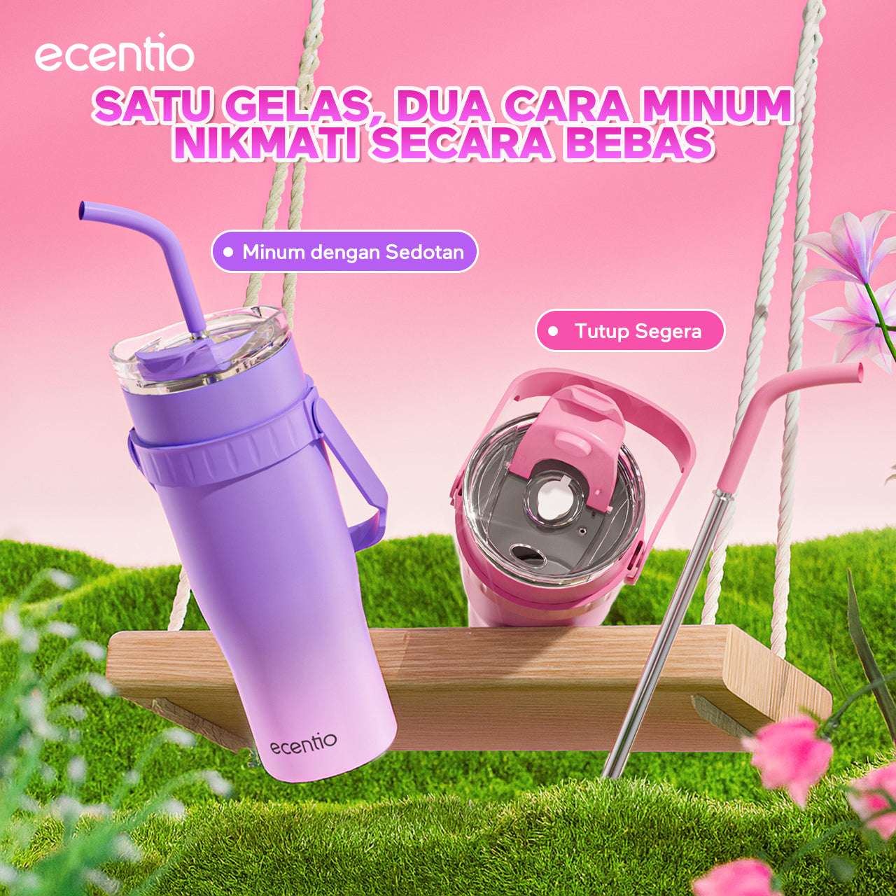 【Gradasi Warna Macaron】ecentio Tumbler Stainless Steel 1200ml Botol Minum Tahan Panas Dan Dingin Botol minum besar Thermos Cup Vacuum